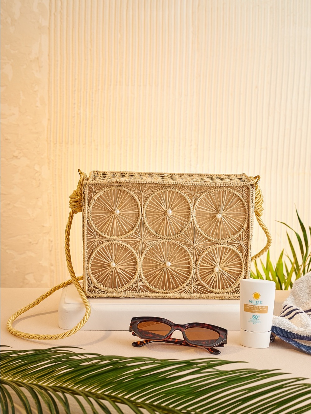 Woven Circle-Pattern Crossbody Bag in Beige